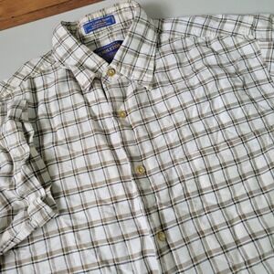 Pendleton Men's Medium‎ M Beige Short Sleeve Button Down Plaid Linen Blend Shirt
